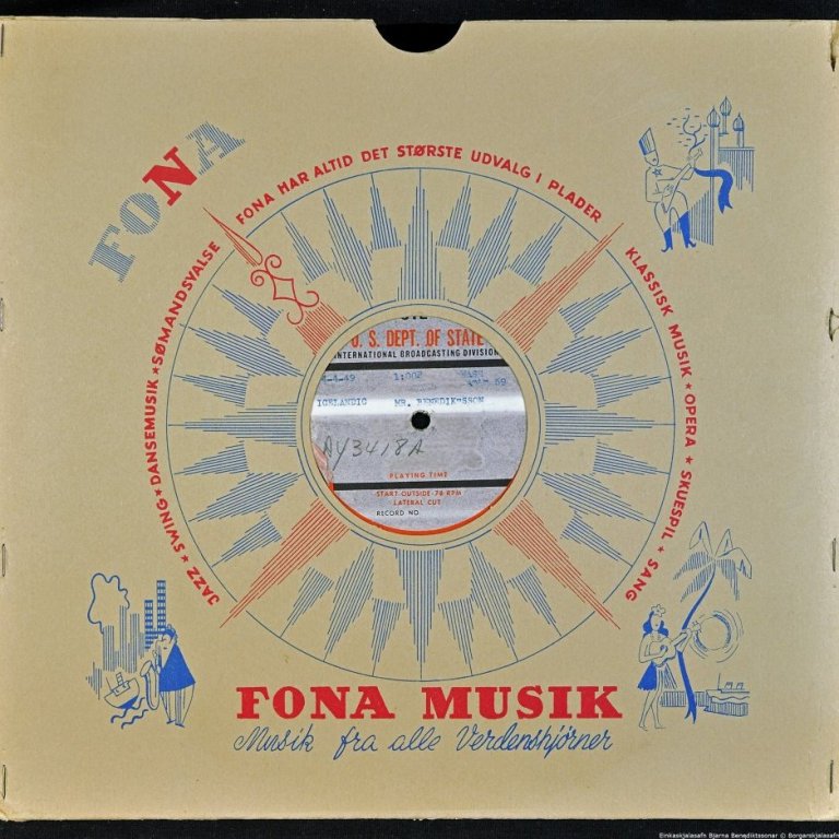 Hljómplata í umslagi: U.S Dept of State. International Broadcasting Division, 4-4-49, 1:00P, WASH. AM&M 59. Icelandic Mr. Benediktsson, AY3418A.