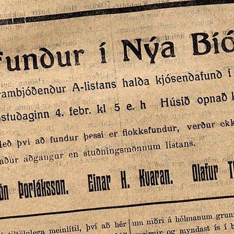Í öðru sæti listans var Einar H. Kvaran virtur ritstjóri, skáld og áhrifamaður úr stjórnmálunum, en í því þriðja var ungur, mælskur og skemmtilegur frambjóðandi, Ólafur Thors, sem Jón Þoláksson taldi að mundi laða kjósendur að listanum.  Jón náði kjöri í þessum kosningum. Mynd: Augýsing í Morgunblaðinu 3. feb.1921